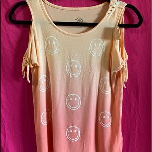 🧡NWT Justice Girl’s Cold Shoulder Glitter Smiling Faces Top Size 12